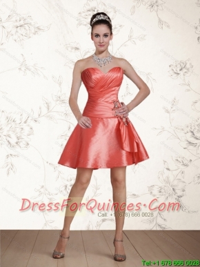 Cheap Sweetheart Appliques Ruching Short Dama Dresses in Watermelon