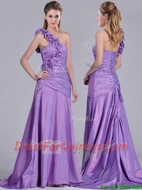 Lovely Brush Train Lilac Prom Dress with Hand Made Flowers Decorated One Shoulder