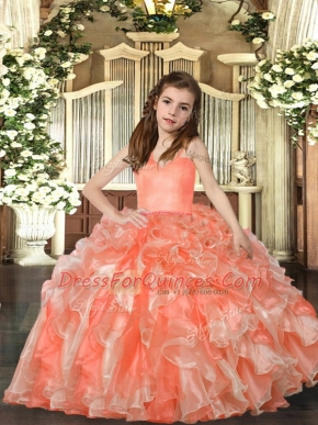 Dazzling Peach Sleeveless Ruffles Floor Length Little Girl Pageant Dress