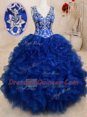 Romantic Royal Blue Backless Quince Ball Gowns Beading and Embroidery and Ruffles Sleeveless Floor Length