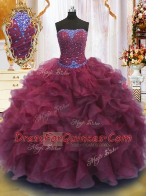 Floor Length Lace Up Sweet 16 Dresses Burgundy for Military Ball and Sweet 16 and Quinceanera with Beading and Ruffles