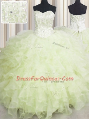 Pretty Yellow Green Sweetheart Lace Up Beading and Ruffles Quinceanera Gown Sleeveless