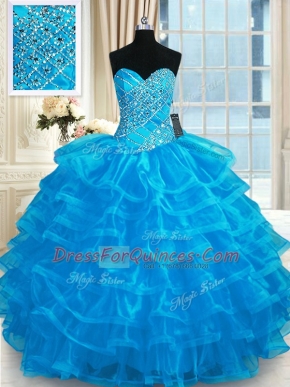 On Sale Sweetheart Sleeveless Sweet 16 Dresses Floor Length Beading and Ruffled Layers Blue Organza