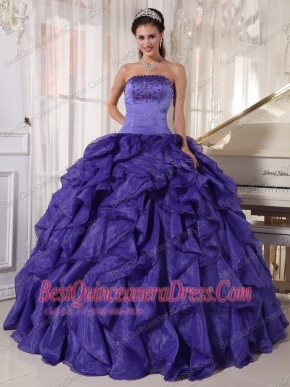 Purple Ball Gown Strapless Floor-length Satin and Organza Beading Quinceanera Dress
