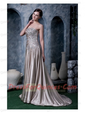Prom Dress Grey Empire Strapless Brush Train Silk Like Satin Beading