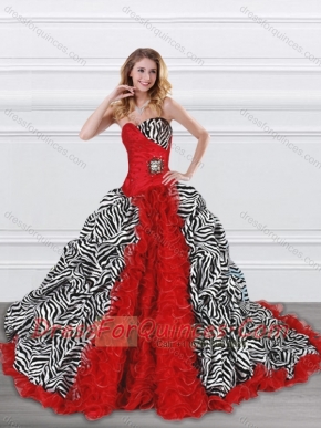 Cheap Latest Beaded and Ruffled Red and Zebra Quinceanera Dress with Brush Train