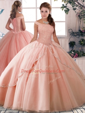 Latest Beading Quinceanera Dress Peach Lace Up Sleeveless Brush Train