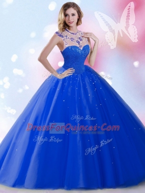 Custom Made Royal Blue Tulle Zipper High-neck Sleeveless Floor Length Quinceanera Gowns Beading and Sequins