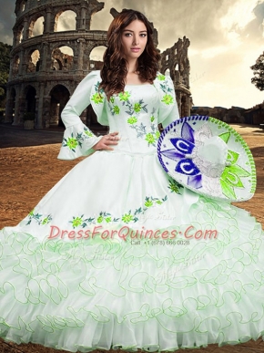 Most Popular White Ball Gowns Square Long Sleeves Organza Floor Length Lace Up Embroidery and Ruffled Layers 15th Birthday Dress