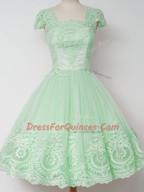 Fancy Apple Green Tulle Zipper Square Cap Sleeves Knee Length Dama Dress Lace