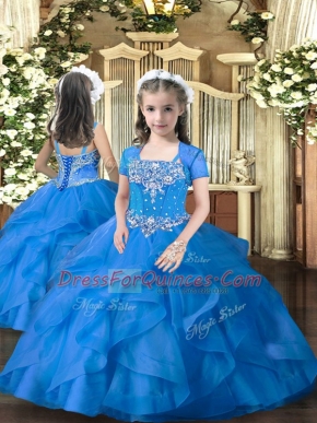Trendy Floor Length Lace Up Little Girl Pageant Dress Blue for Military Ball and Wedding Party with Beading and Ruffles