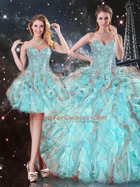 Aqua Blue Sweetheart Lace Up Beading and Ruffles Sweet 16 Quinceanera Dress Sleeveless