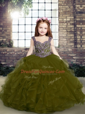 Sleeveless Floor Length Beading and Ruffles Lace Up Kids Pageant Dress with Olive Green