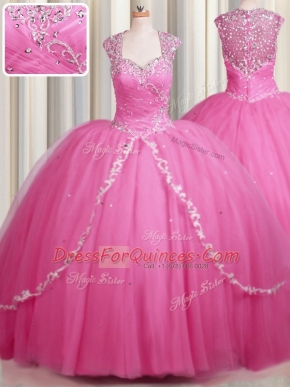 Captivating Zipper Up Rose Pink Sweetheart Zipper Beading and Appliques Sweet 16 Dress Brush Train Cap Sleeves