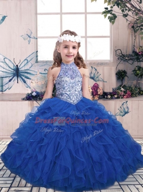 Tulle Sleeveless Floor Length Child Pageant Dress and Beading and Ruffles
