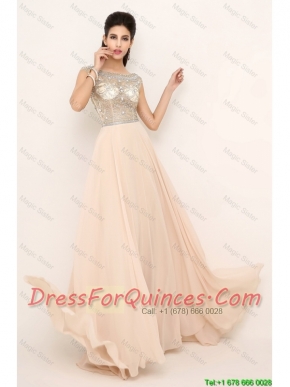 2016 Beautiful Beaded Bateau Prom Dresses with Brush Train