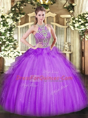 Floor Length Lavender 15th Birthday Dress Halter Top Sleeveless Lace Up