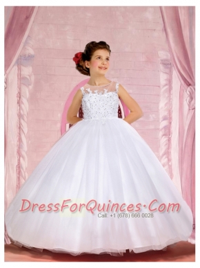 Elegant Ball Gown Appliques Bateau Floor-length Flower Girl Dress for 2014