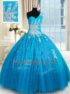 One Shoulder Baby Blue Sleeveless Floor Length Appliques Lace Up Sweet 16 Quinceanera Dress
