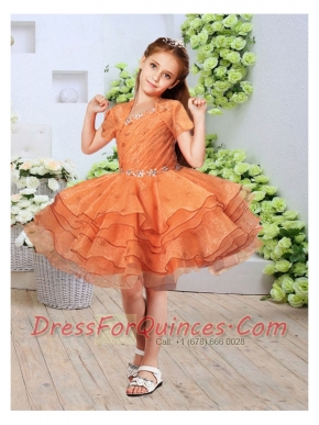 Beautiful Asymmetrical Knee-length Ruffled Layers Orange Little Girl Dress with Beading