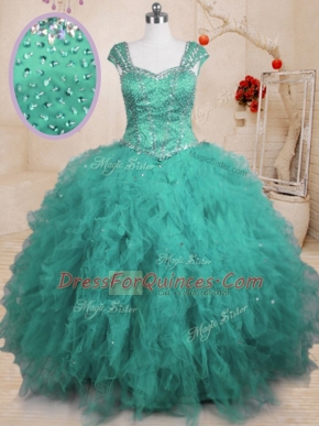 Elegant Turquoise Lace Up Sweet 16 Dresses Beading and Ruffles Cap Sleeves Floor Length
