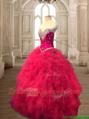 Classical Beaded and Ruffled Tulle Quinceanera Dress in Red