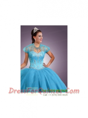Newest Baby Blue Tulle short Quinceanera Jacket with Beading and Sequins