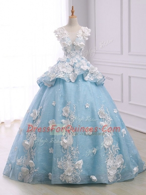 Light Blue Organza Lace Up Quinceanera Dresses Sleeveless Court Train Appliques