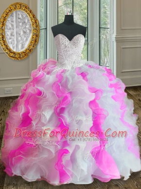 Modern Floor Length Pink And White Quinceanera Gown Organza Sleeveless Beading and Ruffles
