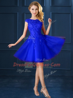 Knee Length A-line Cap Sleeves Blue Dama Dress Lace Up