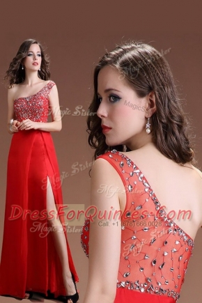 Cute One Shoulder Beading Red Side Zipper Sleeveless Floor Length