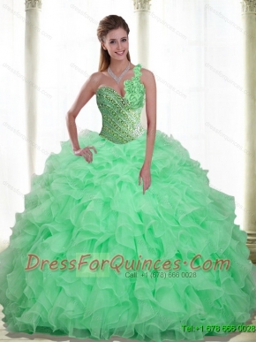 Custom Made Beading and Ruffles Apple Green 2015 Quinceanera Dresses with Sweetheart