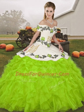 Comfortable Yellow Green Off The Shoulder Lace Up Embroidery and Ruffles Quinceanera Gowns Sleeveless