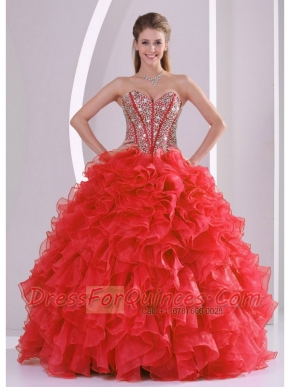 2014 Puffy Sweetheart Lace Up Ball Gown Dress with Beading and Ruffles in Coral Red