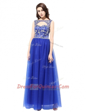 Attractive Blue Sleeveless Floor Length Beading Zipper Prom Party Dress
