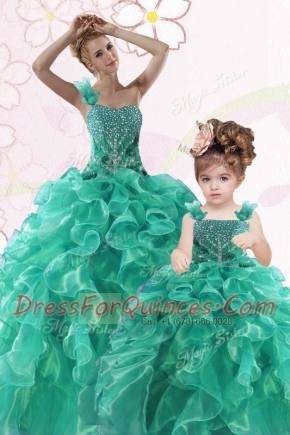 Beauteous One Shoulder Turquoise Organza Lace Up Quinceanera Dress Sleeveless Floor Length Beading and Ruffles