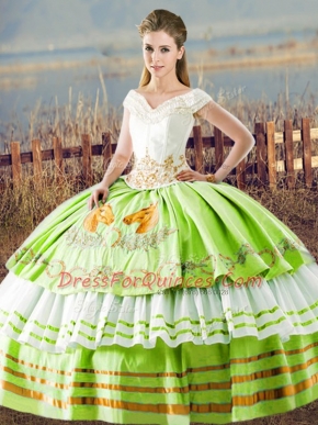 Dazzling Floor Length Quince Ball Gowns Satin Sleeveless Embroidery and Ruffled Layers