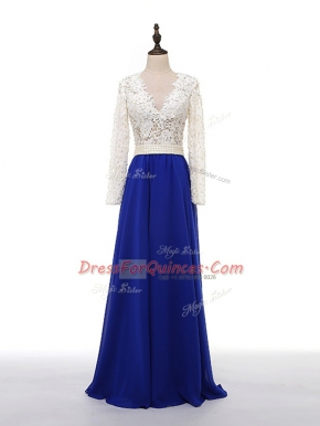 Long Sleeves Chiffon Floor Length Zipper in Blue And White with Lace and Appliques