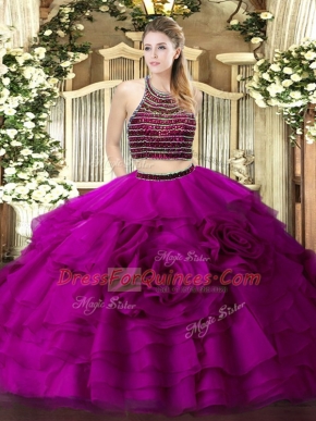 Stylish Fuchsia Zipper Vestidos de Quinceanera Beading and Ruffled Layers Sleeveless Floor Length