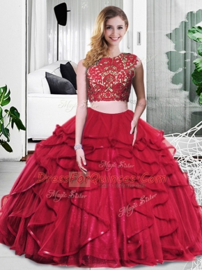 Wonderful Wine Red Quince Ball Gowns Military Ball and Sweet 16 and Quinceanera with Lace and Ruffles Scoop Sleeveless Zipper