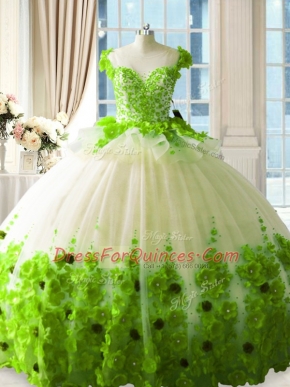 Tulle Zipper 15 Quinceanera Dress Sleeveless Floor Length Hand Made Flower