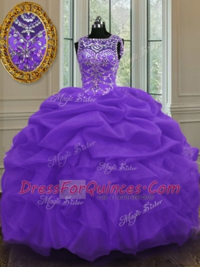 Luxury Eggplant Purple Organza Lace Up Scoop Sleeveless Floor Length Quinceanera Dress Beading and Pick Ups