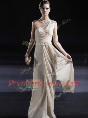 New Arrival Champagne Column/Sheath One Shoulder Sleeveless Chiffon Floor Length Criss Cross Ruching Prom Dresses