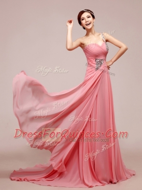 Super Chiffon Sleeveless Floor Length Prom Evening Gown and Beading and Ruching