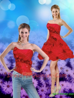 Detachable Strapless Red 2015 Prom Gown with Hand Made Flowers
