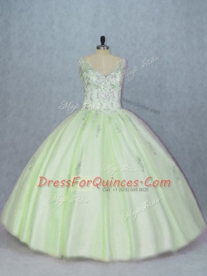 Yellow Green V-neck Neckline Beading Quince Ball Gowns Sleeveless Lace Up
