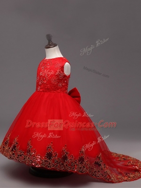 Eye-catching High Low Zipper Pageant Gowns For Girls Red for Wedding Party with Lace and Bowknot