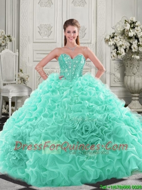 Elegant Visible Boning Organza Apple Green Quinceanera Dress with Chapel Train