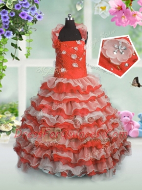 Best Ruffled Straps Sleeveless Lace Up Toddler Flower Girl Dress Coral Red Organza