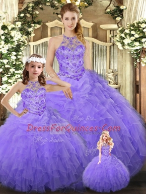Fabulous Lavender Ball Gowns Halter Top Sleeveless Tulle Floor Length Lace Up Beading and Ruffles Sweet 16 Quinceanera Dress